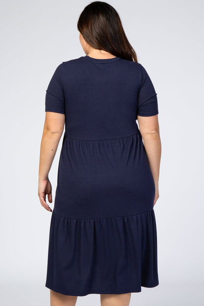 Navy Blue Ribbed Tiered Plus Dress