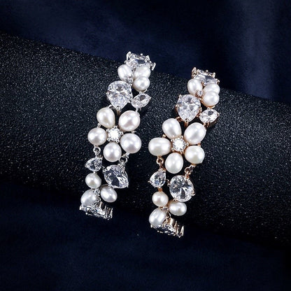 Eloise - Freshwater Pearl and Cubic Zirconia Bridal Bracelet - Available in Rose Gold and Silver