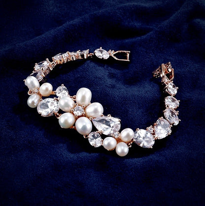 Eloise - Freshwater Pearl and Cubic Zirconia Bridal Bracelet - Available in Rose Gold and Silver