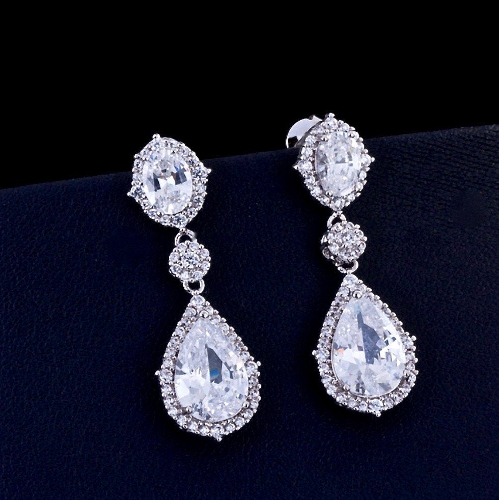 Leigh - Cubic Zirconia Bridal Earrings - Available in Silver and Gold