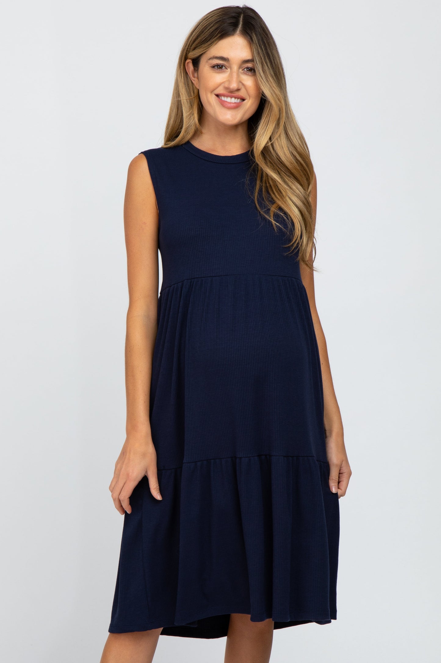 Navy Ribbed Sleeveless Maternity Midi Dress