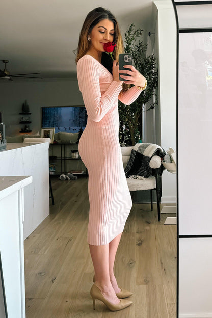 Pink V-Neck Long Sleeve Fitted Maxi Dress