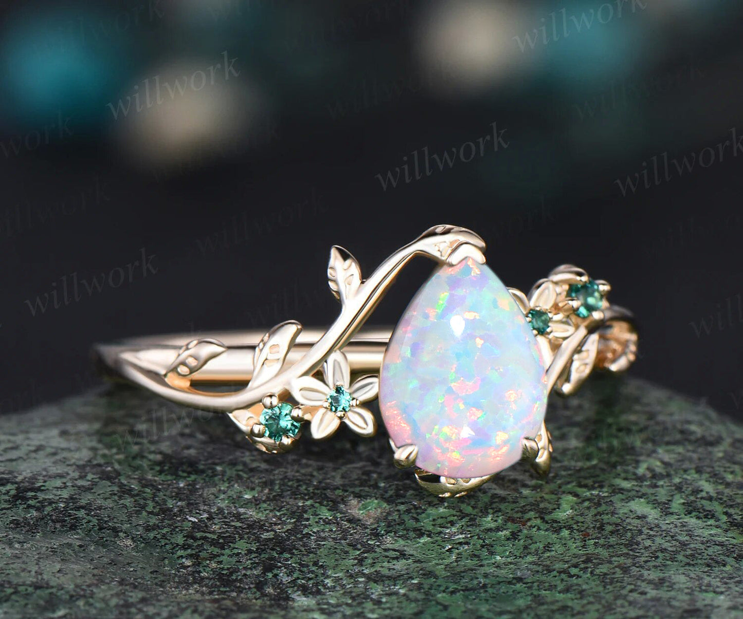 October birthstone Pear Cut Emerald Engagement Ring Unique Leaf Flower Vine Twig Branch Nature Inspired Wedding Ring 14k Yellow Gold Bridal Ring
