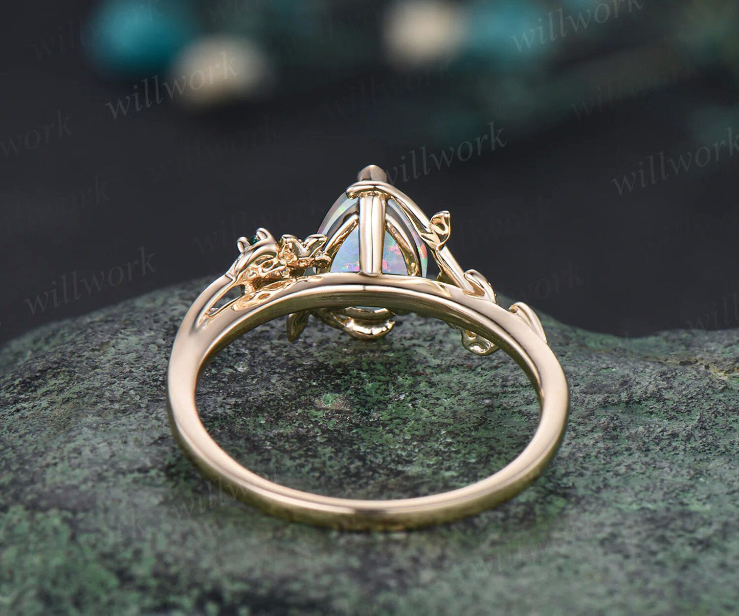 October birthstone Pear Cut Emerald Engagement Ring Unique Leaf Flower Vine Twig Branch Nature Inspired Wedding Ring 14k Yellow Gold Bridal Ring