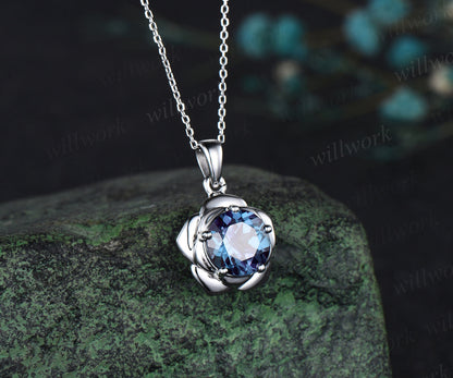 2ct Round Cut Alexandrite Necklace Solid 14k 18k White Gold Gold Vintage Unique Personalized 5 Prong Floral Pendant For Women Her Gemstone Anniversary Bridal Gift Mother