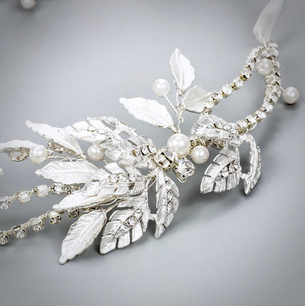 Melanie - Silver Pearl and Crystal Bridal Headband