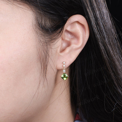 Unique cushion cut natural peridot earrings solid 14k yellow gold diamond drop earrings antique anniversary birthday wedding gift for her