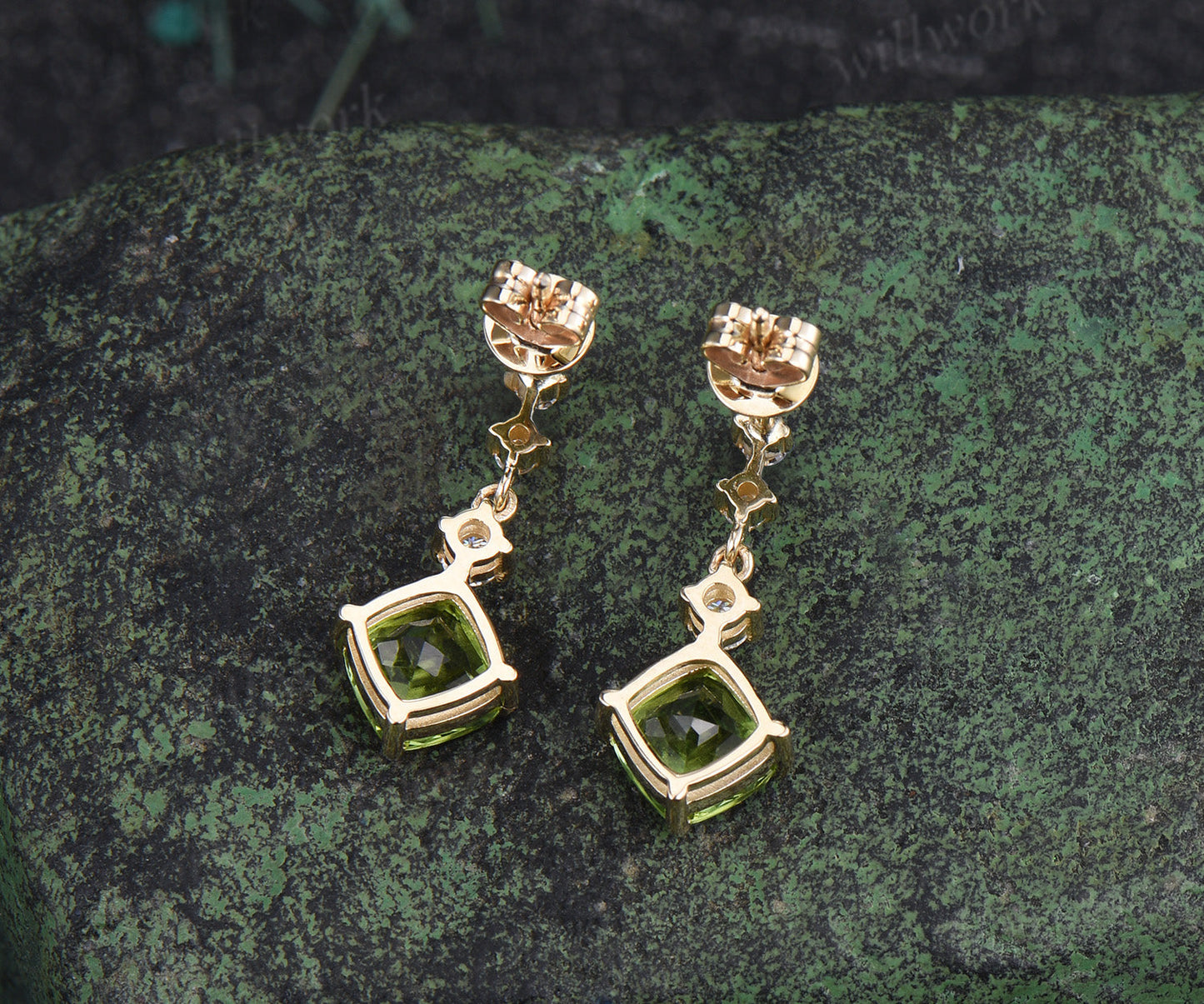 Unique cushion cut natural peridot earrings solid 14k yellow gold diamond drop earrings antique anniversary birthday wedding gift for her
