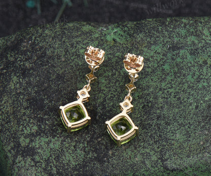 Unique cushion cut natural peridot earrings solid 14k yellow gold diamond drop earrings antique anniversary birthday wedding gift for her