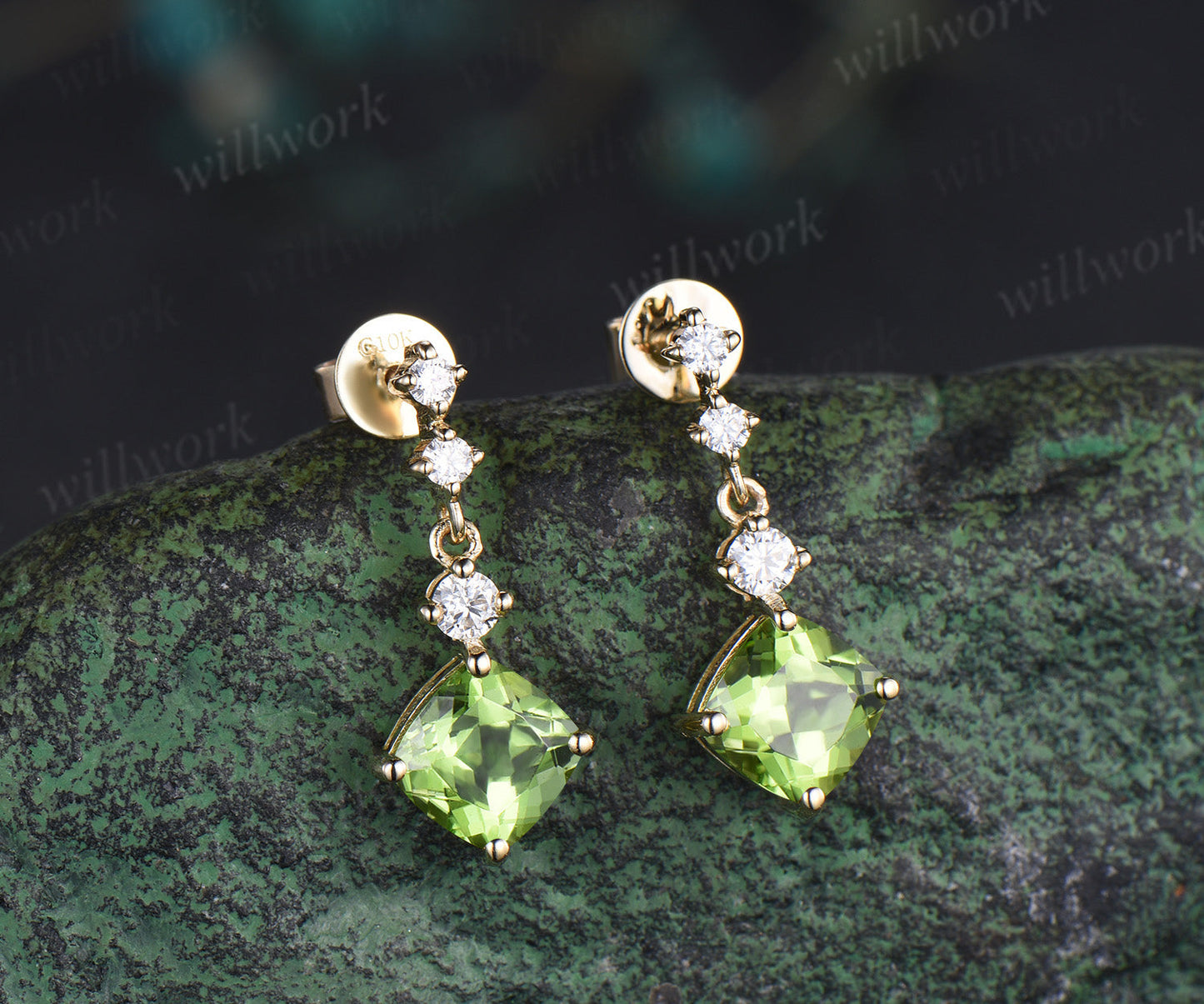 Unique cushion cut natural peridot earrings solid 14k yellow gold diamond drop earrings antique anniversary birthday wedding gift for her