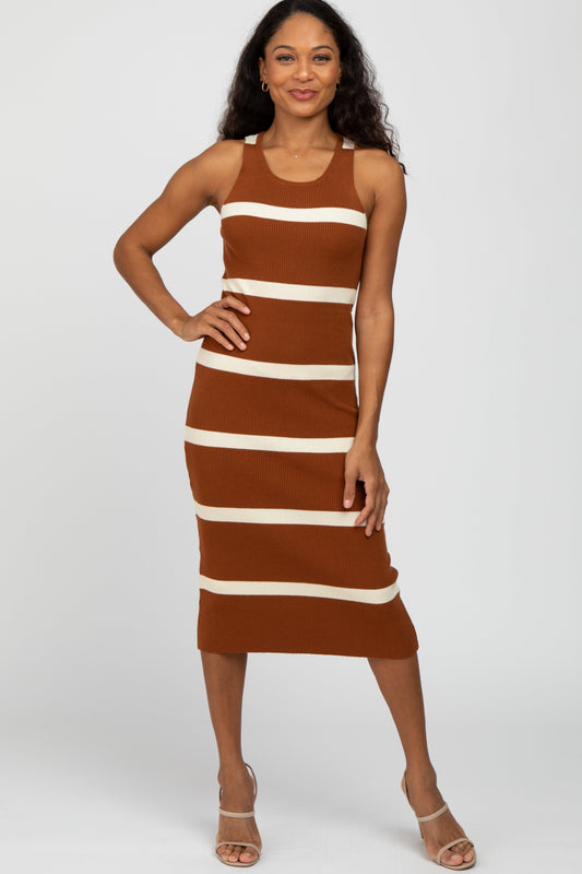Rust Striped Sleeveless Sweater Midi Dress