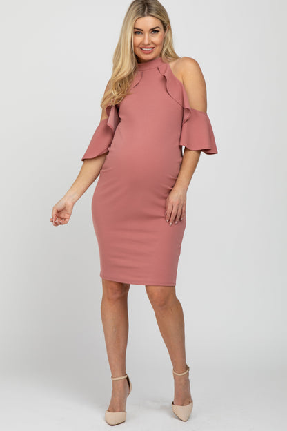 Mauve Mock Neck Ruffle Trim Fitted Maternity Dress