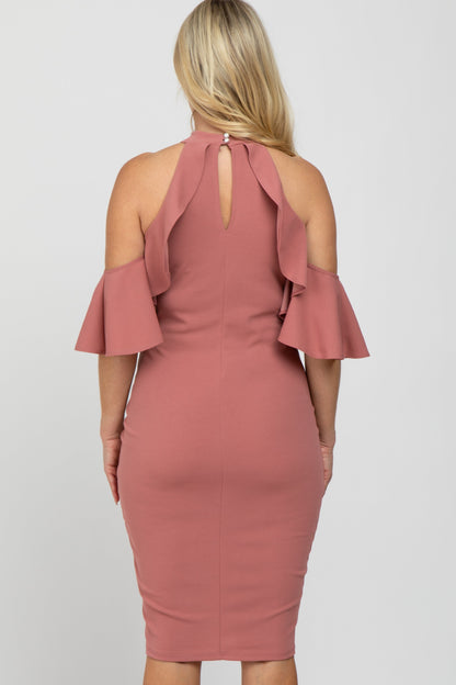 Mauve Mock Neck Ruffle Trim Fitted Maternity Dress