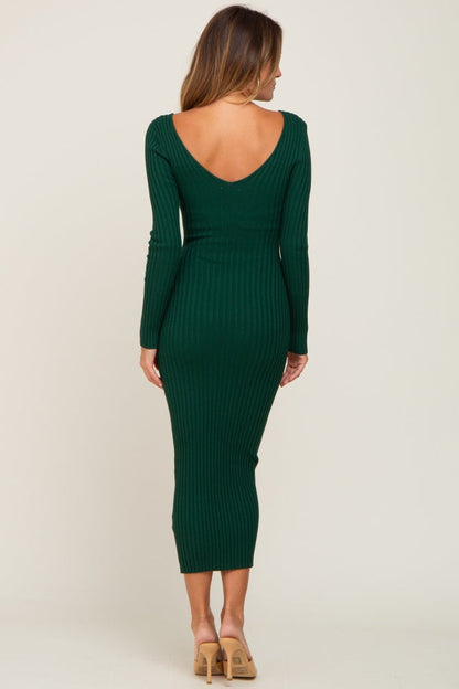 Forest Green V-Neck Long Sleeve Fitted Maxi Dress