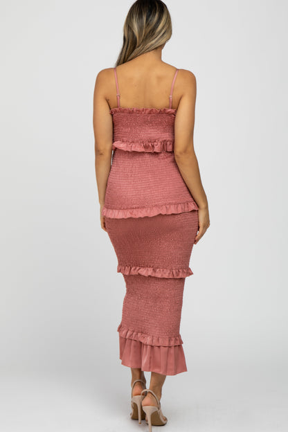 Mauve Satin Smocked Fitted Midi Dress