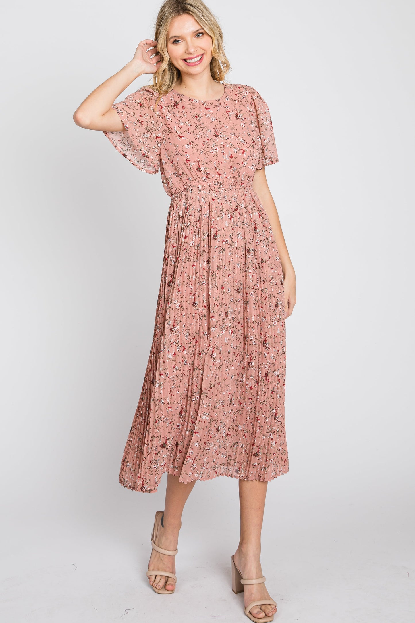 Light Pink Floral Pleated Short Sleeve Chiffon Midi Dress
