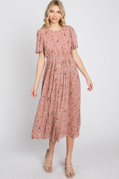Light Pink Floral Pleated Short Sleeve Chiffon Midi Dress