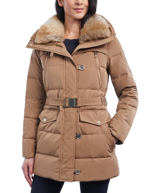 Michael Michael Kors Women's Black Faux Fur Collar Hooded Down Puffer Coat Size M