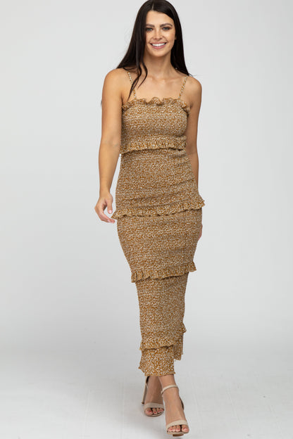 Mustard Leaf Print Smocked Fitted Midi Dress