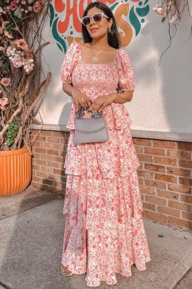 Pink Floral Square Neck Ruffle Layered Maxi Dress