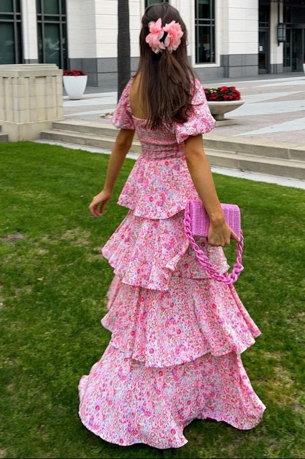 Pink Floral Square Neck Ruffle Layered Maxi Dress
