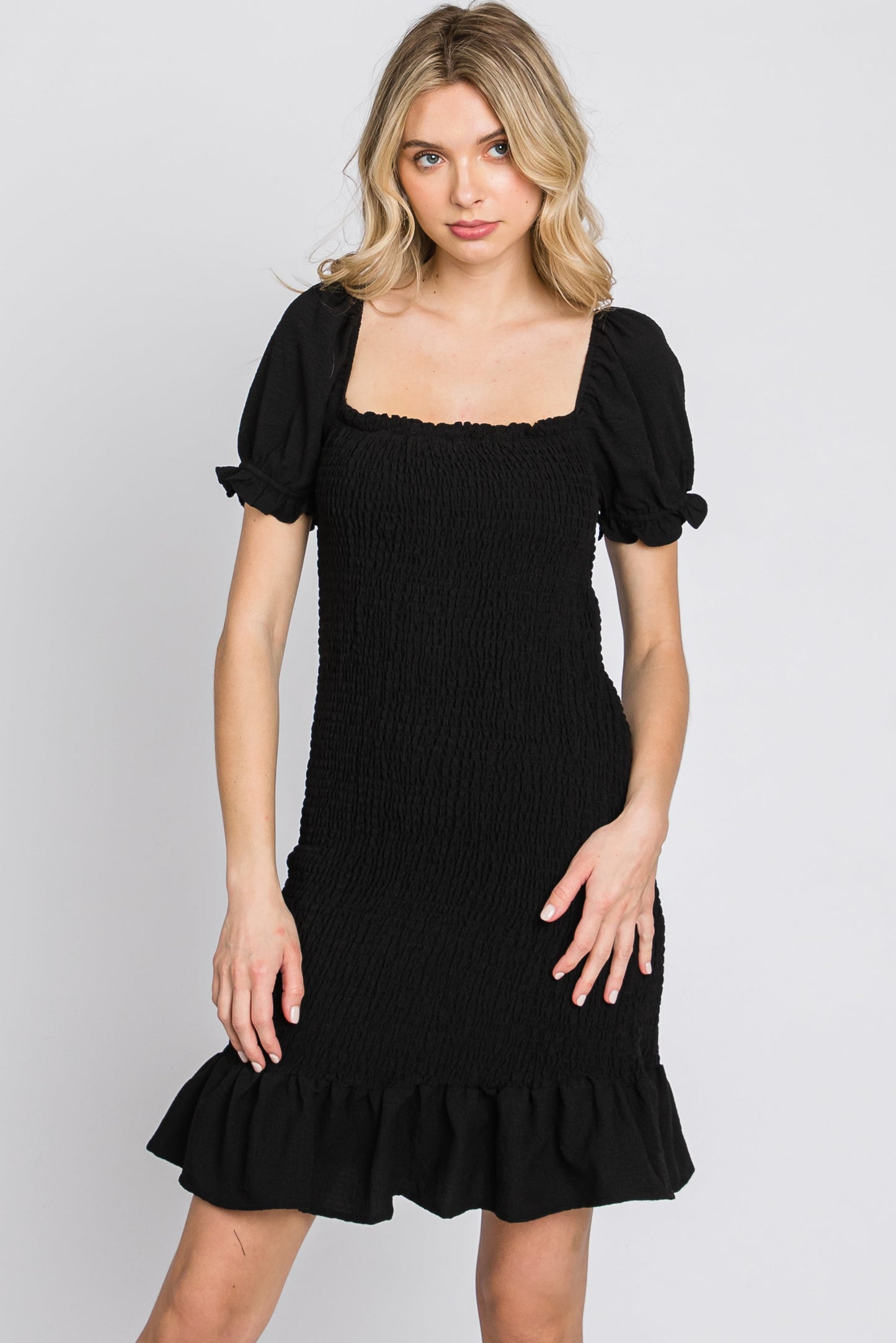 Black Smocked Puff Sleeve Dress