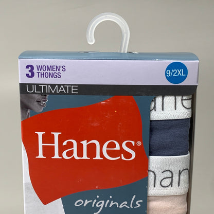 HANES 3 PACK!! Originals Women's Breathable Cotton Stretch Thongs Underwear Sz 9/2XLBlue/Buff/Pink 45OUBT
