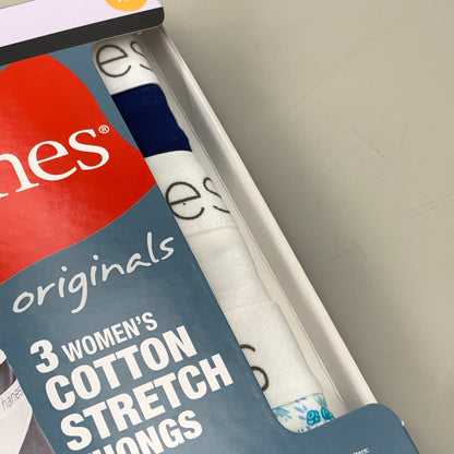 HANES 3 PACK!! Originals Women's Breathable Cotton Stretch Thongs Underwear Sz 7/L Navy/White/Floral 45U0BT