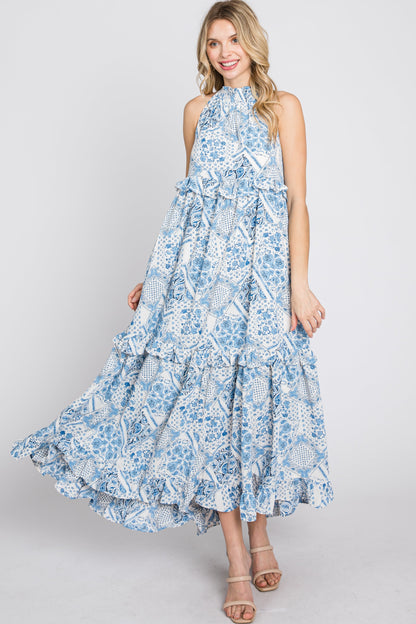 Blue Floral Paisley Print Tiered Maxi Dress
