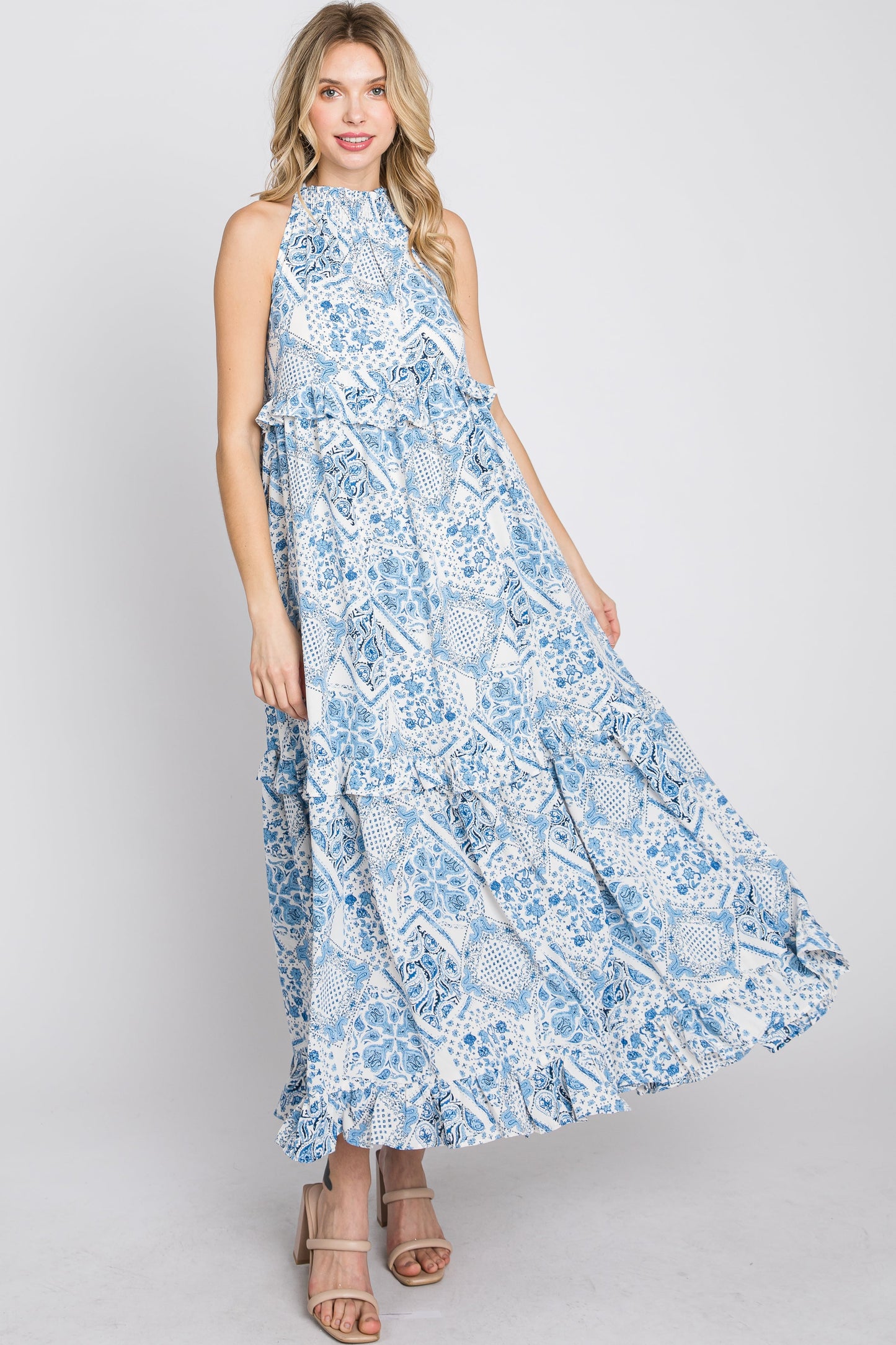 Blue Floral Paisley Print Tiered Maxi Dress
