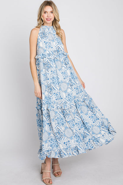 Blue Floral Paisley Print Tiered Maxi Dress