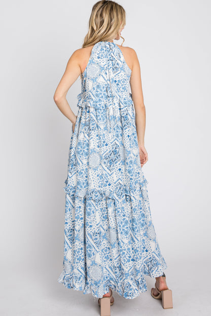 Blue Floral Paisley Print Tiered Maxi Dress