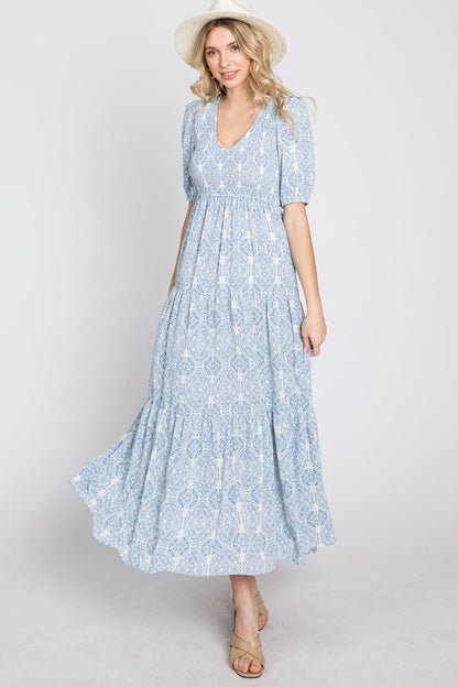 Blue Paisley Print Smocked Tiered Maxi Dress