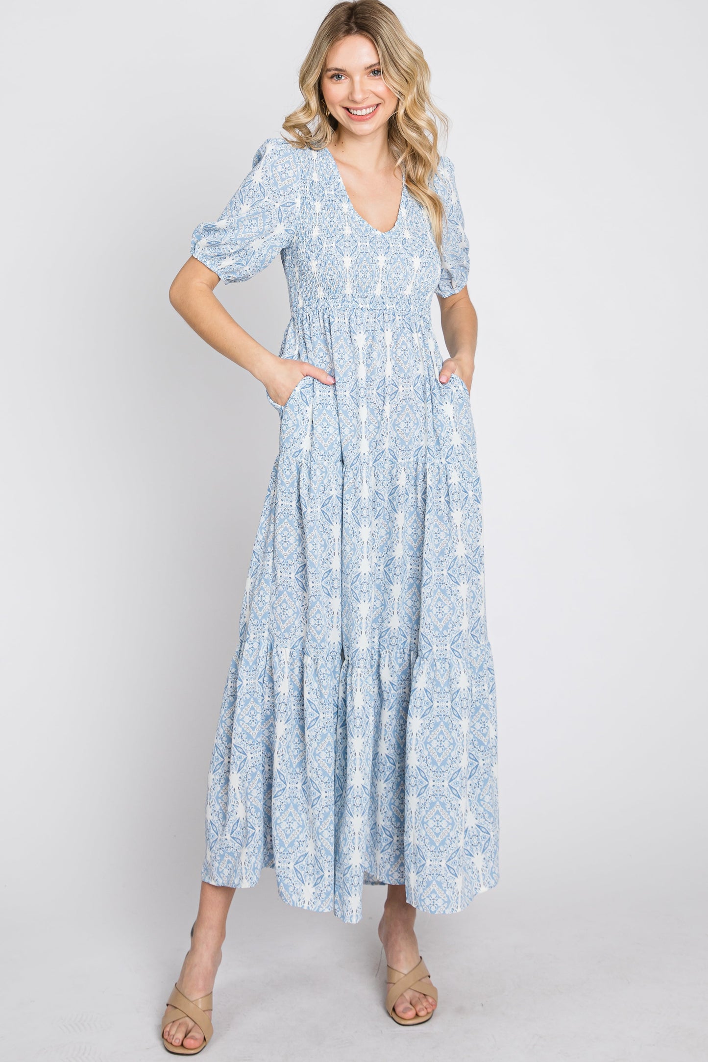 Blue Paisley Print Smocked Tiered Maxi Dress
