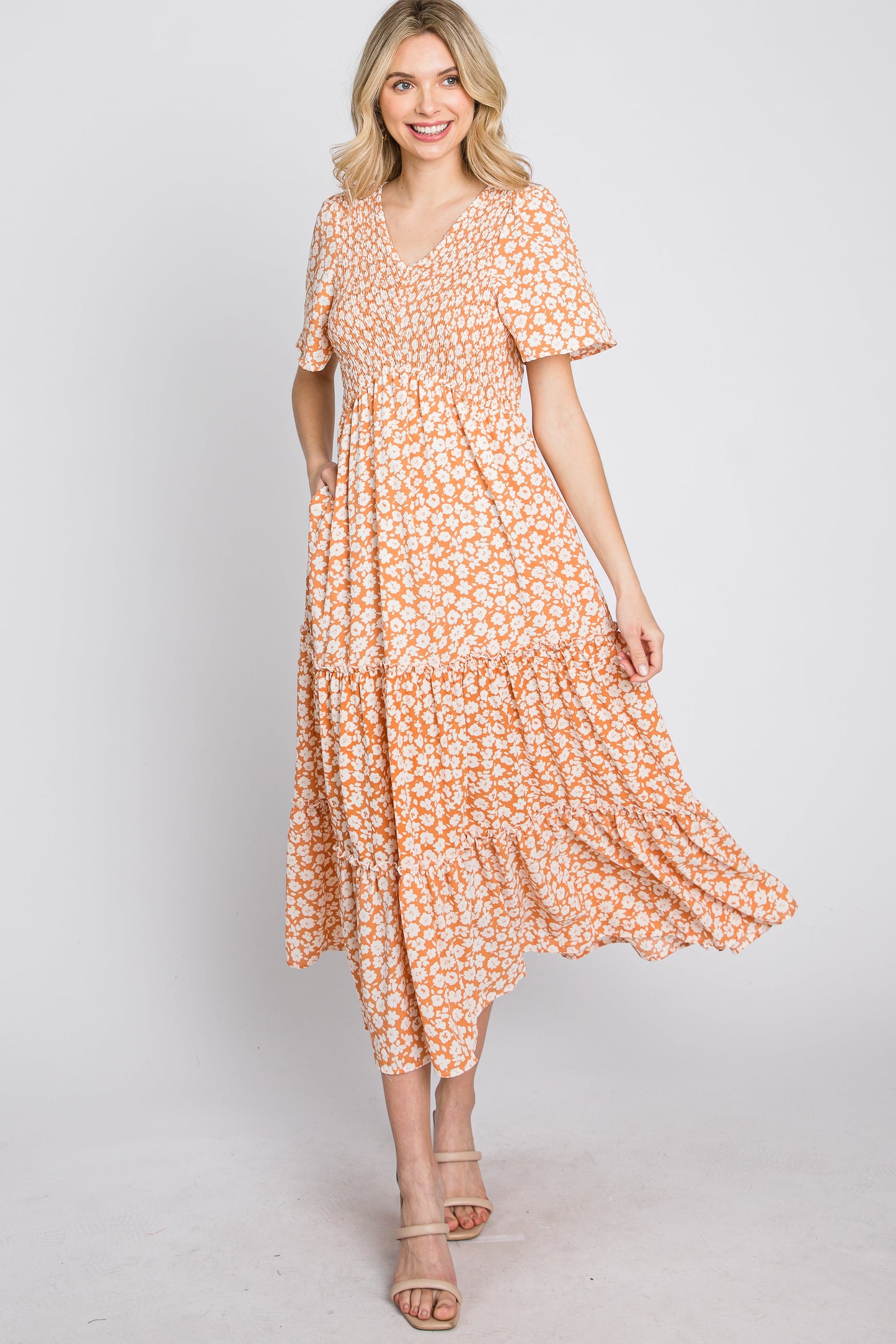 Peach Floral Tiered Midi Dress