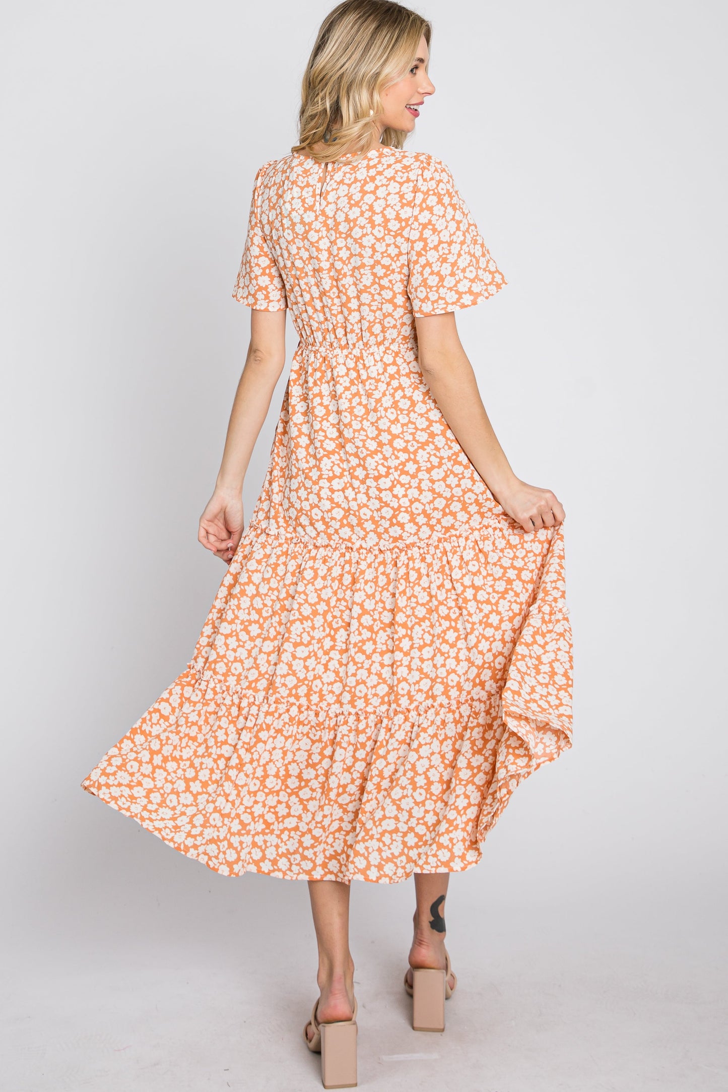 Peach Floral Tiered Midi Dress