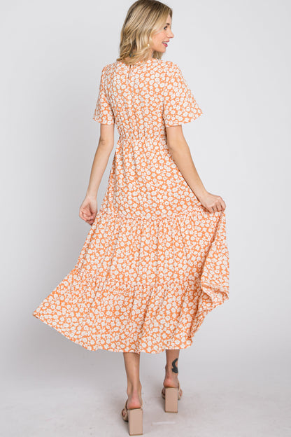 Peach Floral Tiered Midi Dress