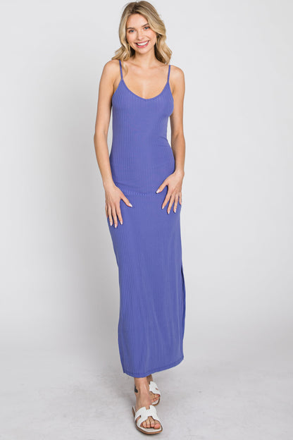 Violet Ribbed Side Slit Maxi Dress