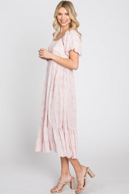 Pink Floral Crochet Accent Midi Dress