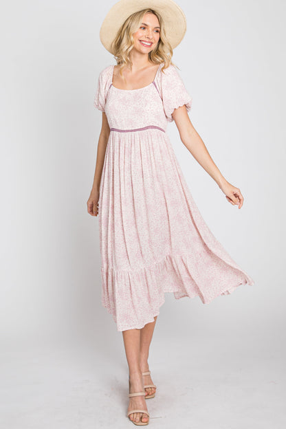Pink Floral Crochet Accent Midi Dress