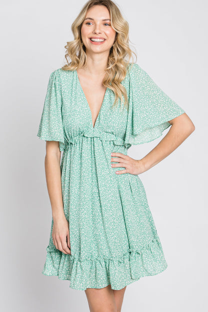 Mint Green Floral Ruffle Accent Cutout Dress