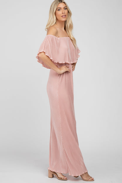 Pink Pleated Ruffle Off Shoulder Maxi Dress