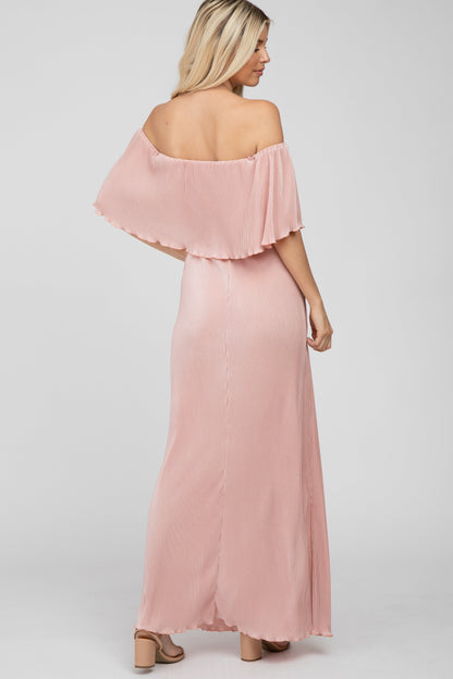 Pink Pleated Ruffle Off Shoulder Maxi Dress