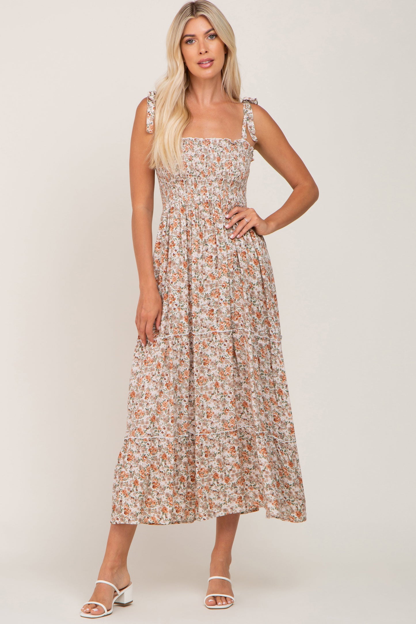 Beige Floral Sleeveless Tiered Maternity Maxi Dress