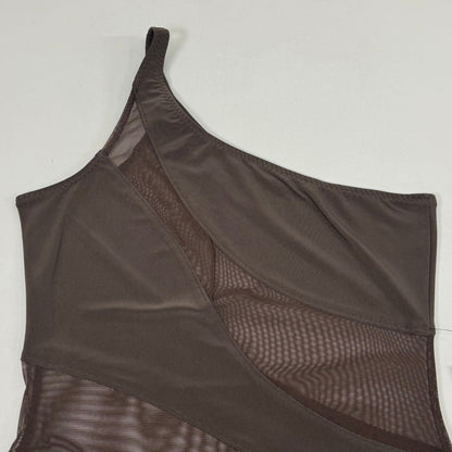 NORMA KAMALI One Shoulder Snake Mesh Catsuit Footsie Women's Sz M/38 Chocolate