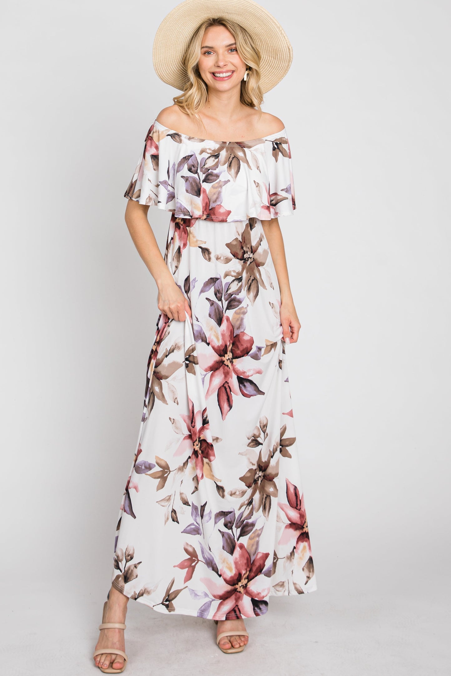 Ivory Floral Off Shoulder Maxi Dress
