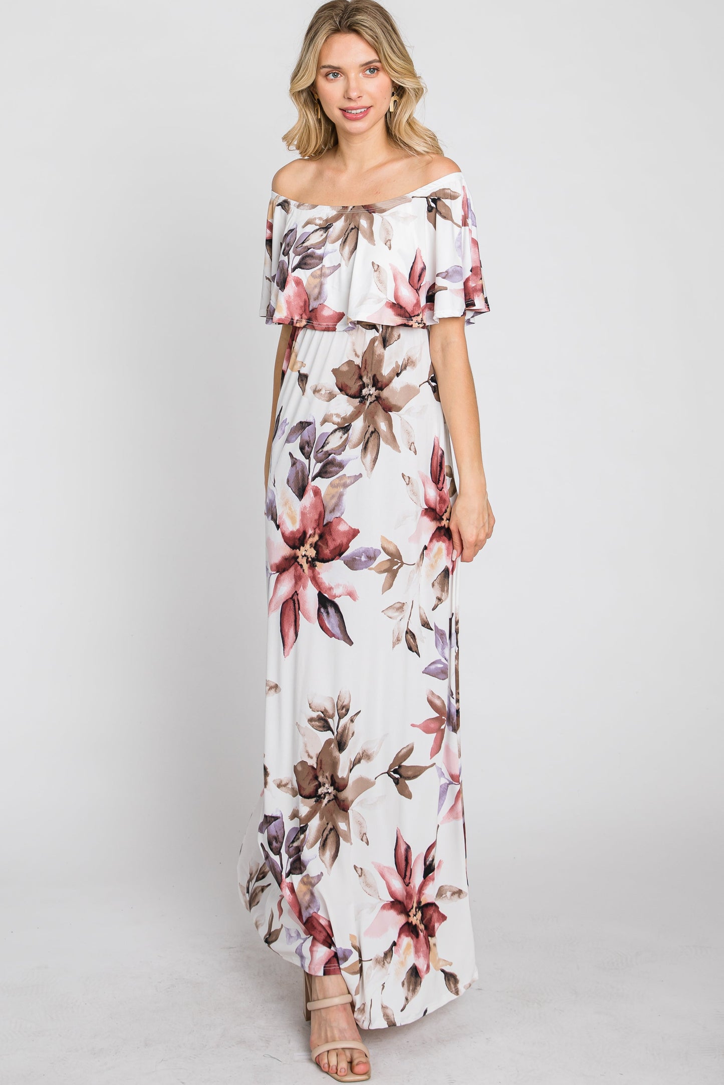 Ivory Floral Off Shoulder Maxi Dress