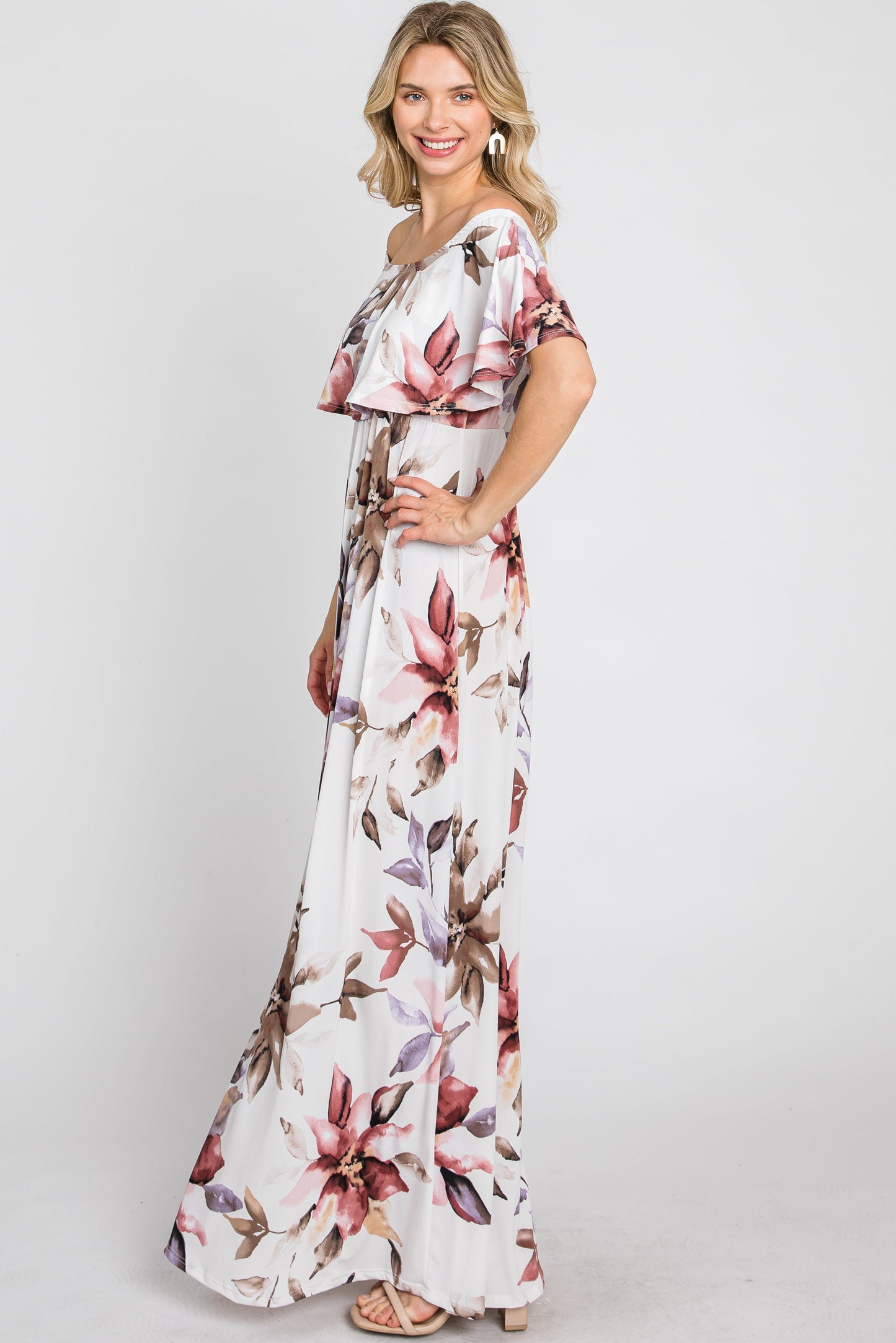 Ivory Floral Off Shoulder Maxi Dress