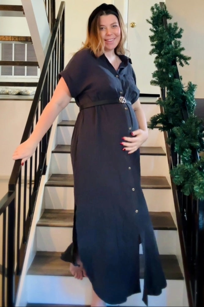 Charcoal Button Down Maternity Midi Dress