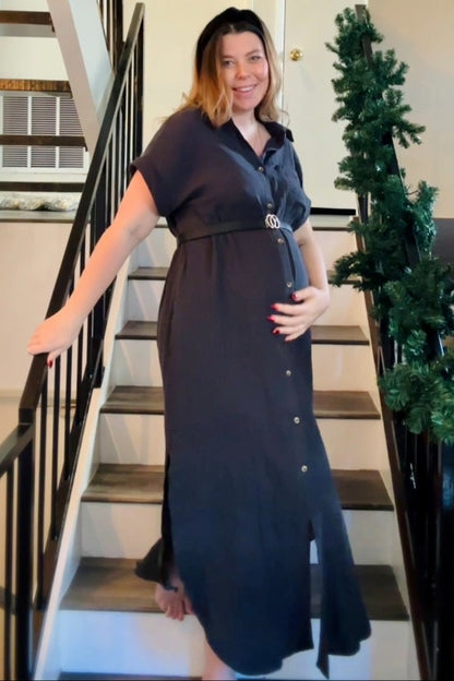 Charcoal Button Down Maternity Midi Dress